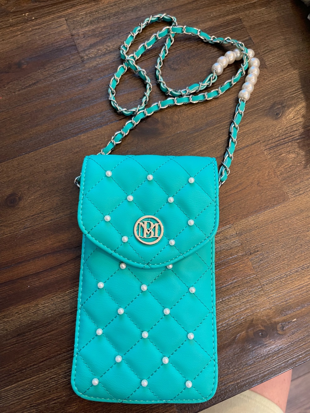 Badgley Mischka Quilted Pearl-Stud Crossbody in Teal